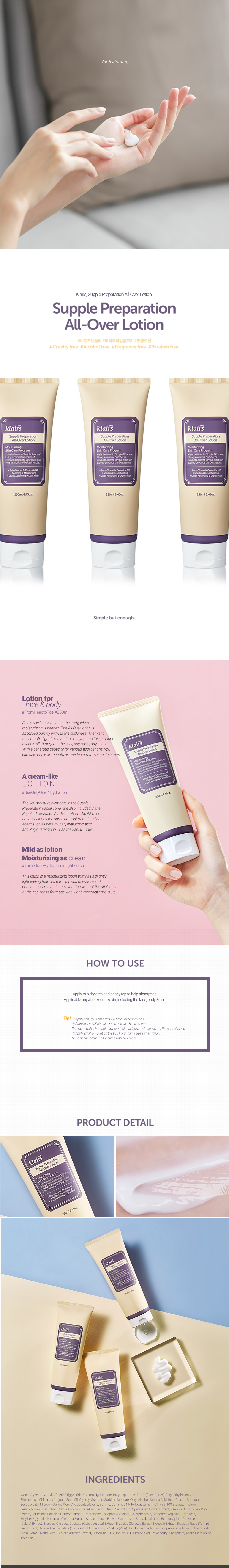 Klairs Supple Preparation All Over Lotion 250ml, Face & Body Moisturizing Lotion
