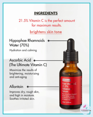 This serum is formulated with 21.5% pure vitamin C and concentrated oil-soluble vitamin C acerbly tetraisopalmitate.