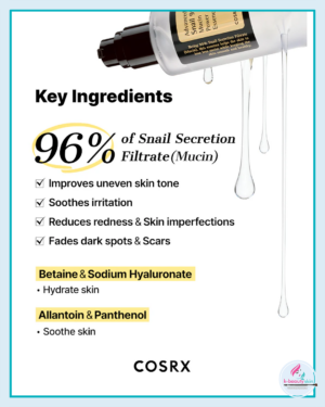 Enriched with 96% skin-boosting snail secretion filtrate to deliver rich nourishment through quick absorption, and sodium hyaluronate & betaine to hydrate the skin