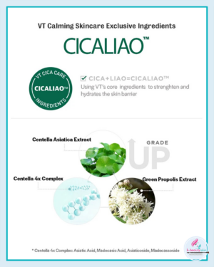 CICALIAO™ Compound: A blend of Centella Asiatica Extract, Asiaticoside, Asiatic Acid, Madecassoside, Madecassic Acid, and Green Propolis Extract that soothes irritation and reduces redness.