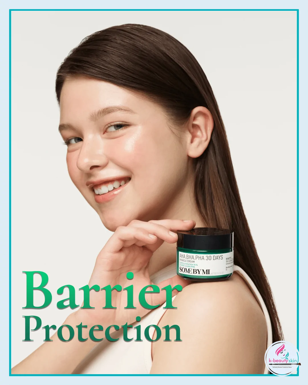 Model applying SOME BY MI Miracle Cream for acne-free, glowing skin